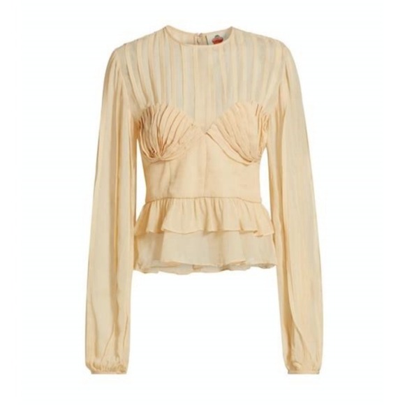 Farm Rio NWT Pleated Bust Peplum Blouse Beige Viscose Back Zip Long Sleeves S - Picture 3 of 13